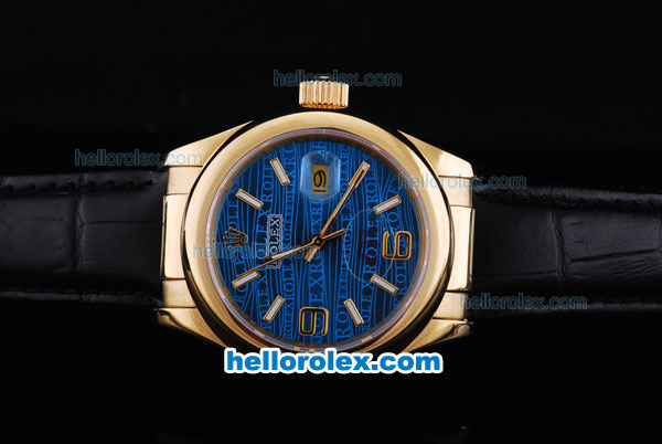 Rolex Datejust Automatic Smooth Gold Case with Ocean Blue Dial-Black Leather Strap - Click Image to Close